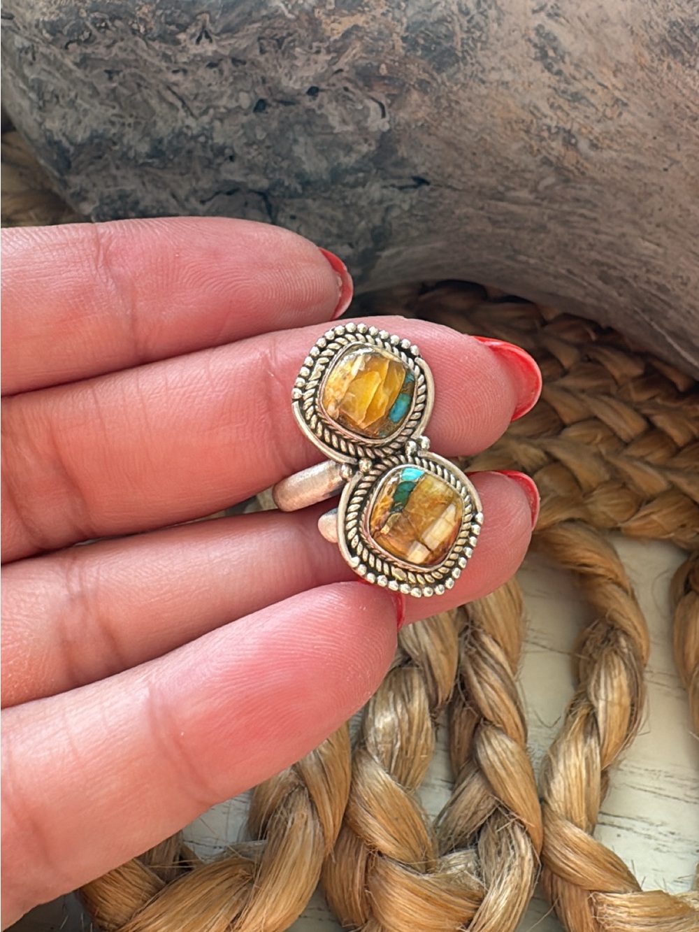Sterling Silver Spiny Oyster Turquoise Ring features a double-stone design with